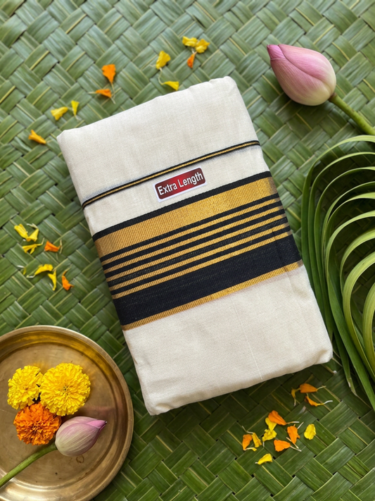 Kerala Cotton Set Mundu with Black & Gold Kasavu Border (Extra Length)