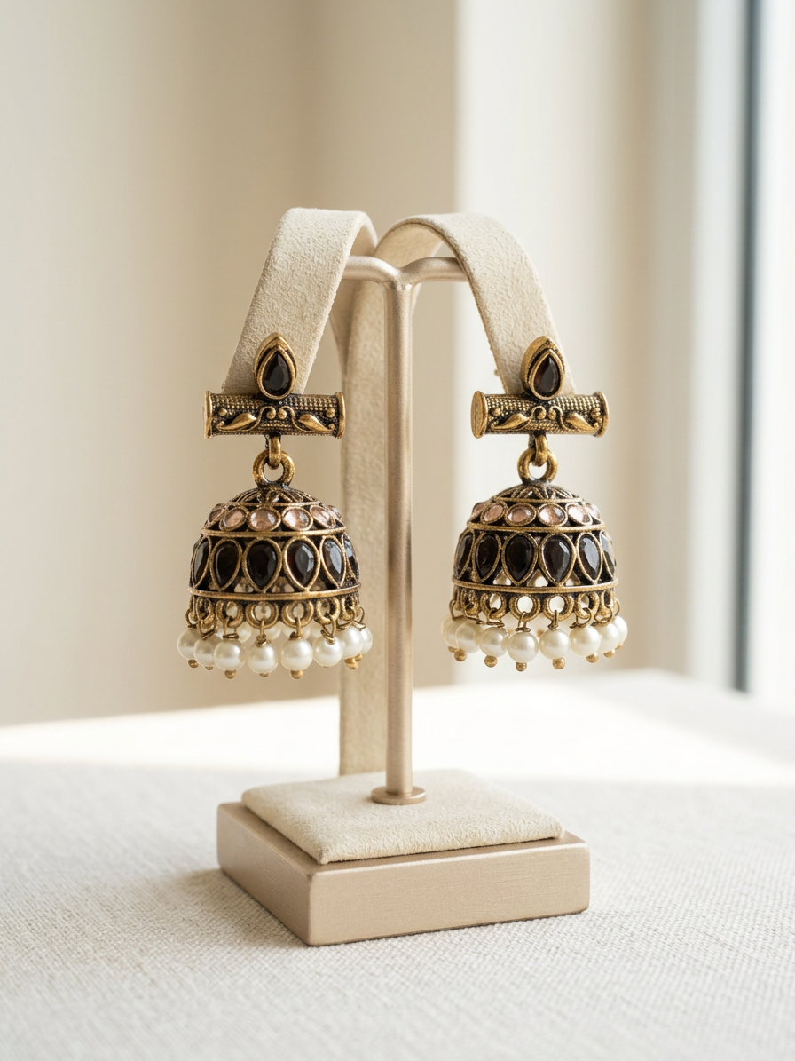 Aarohi Antique Gold Kemp Stone Jhumkas with Pearl Drops