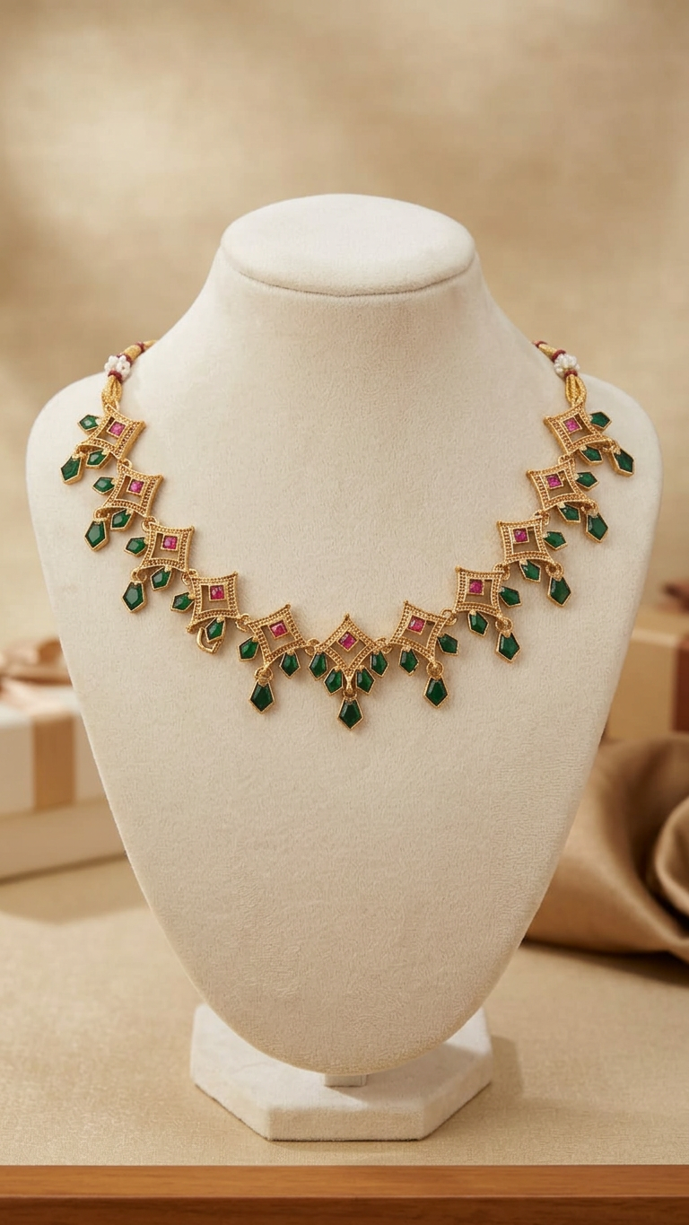 Contemporary Matte Gold Geometric Ruby & Emerald Choker Set