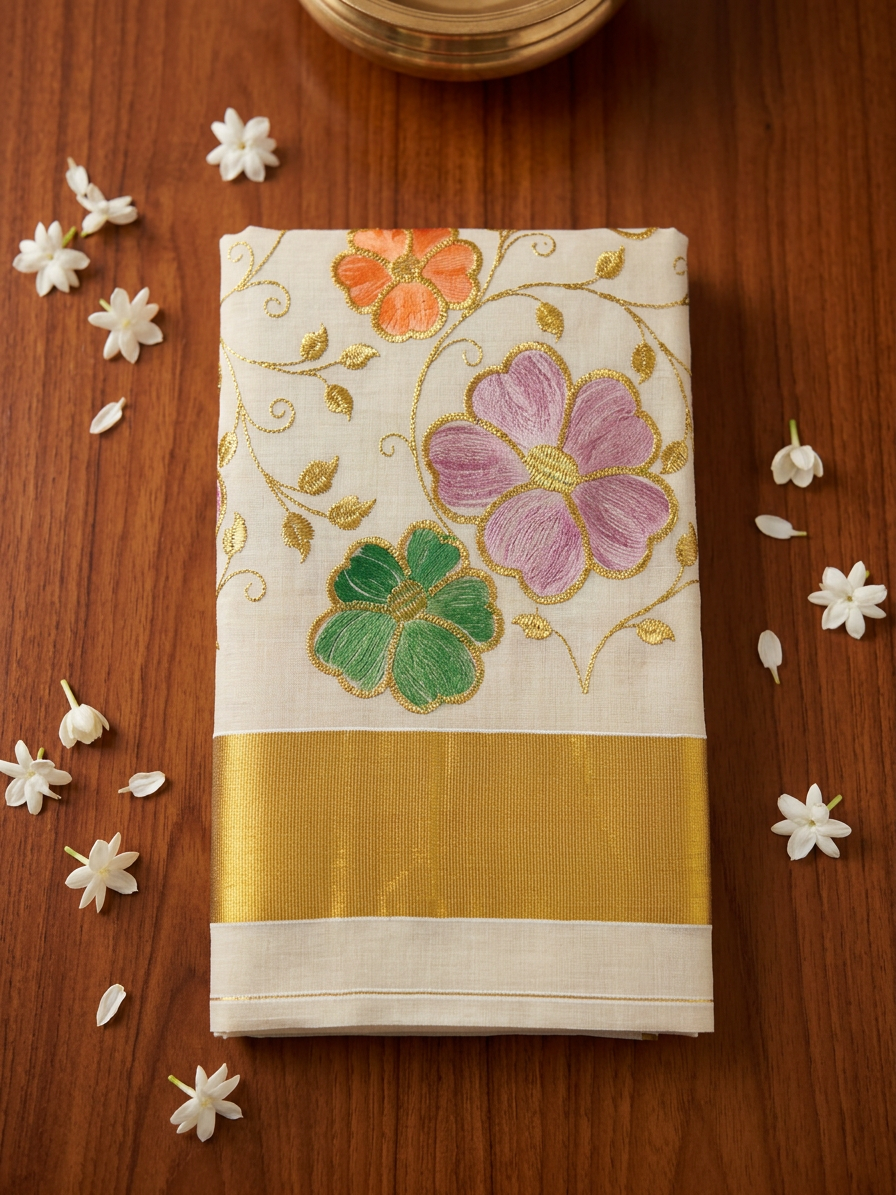 Floral Kasavu Elegance - Tissue Saree
