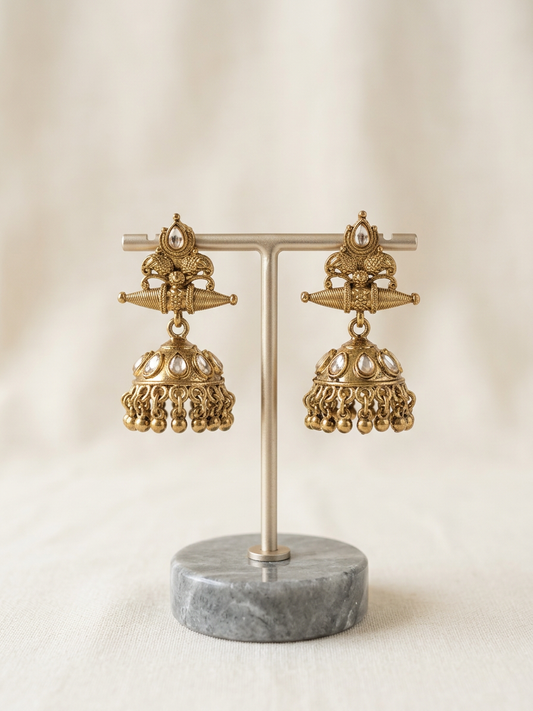 Antique Gold Kundan Stone Temple Jhumka Earrings