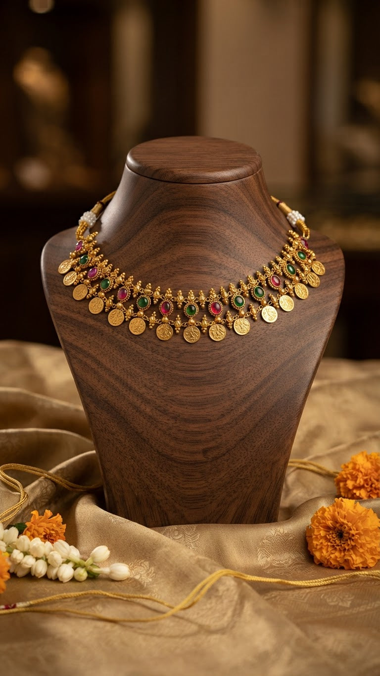 Traditional Antique Gold Kemp Stone & Kasu Choker Set