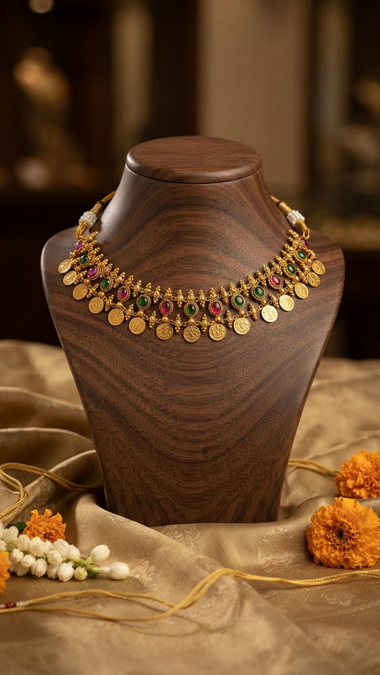 Traditional Antique Gold Kemp Stone & Kasu Choker Set