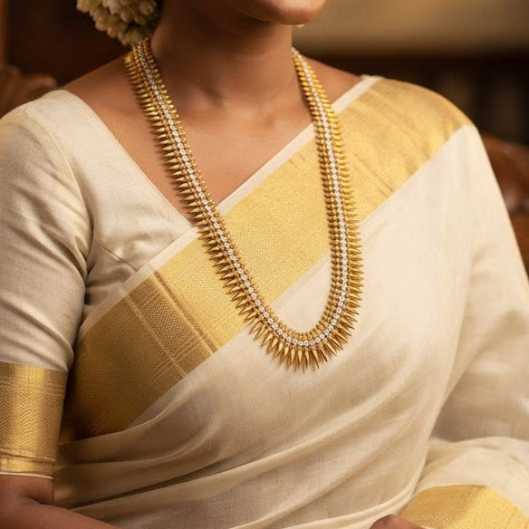 Gold Plated Traditional Mullamuttu mala with white stones
