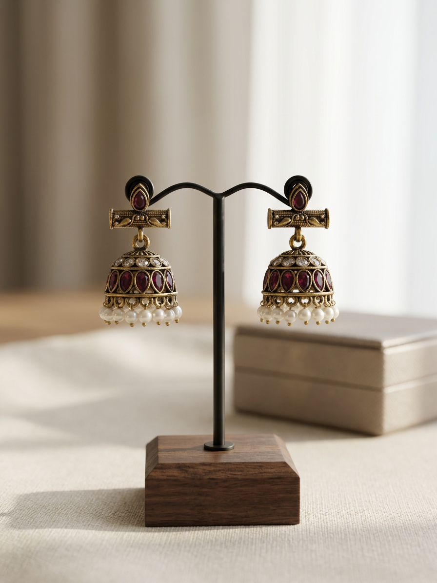 Aarohi Antique Gold Kemp Stone Jhumkas with Pearl Drops