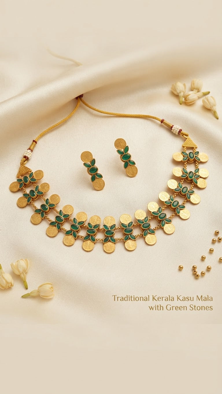 Traditional Matte Gold Lakshmi Coin & Emerald Stone Choker Set
