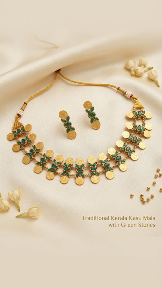 Traditional Matte Gold Lakshmi Coin & Emerald Stone Choker Set
