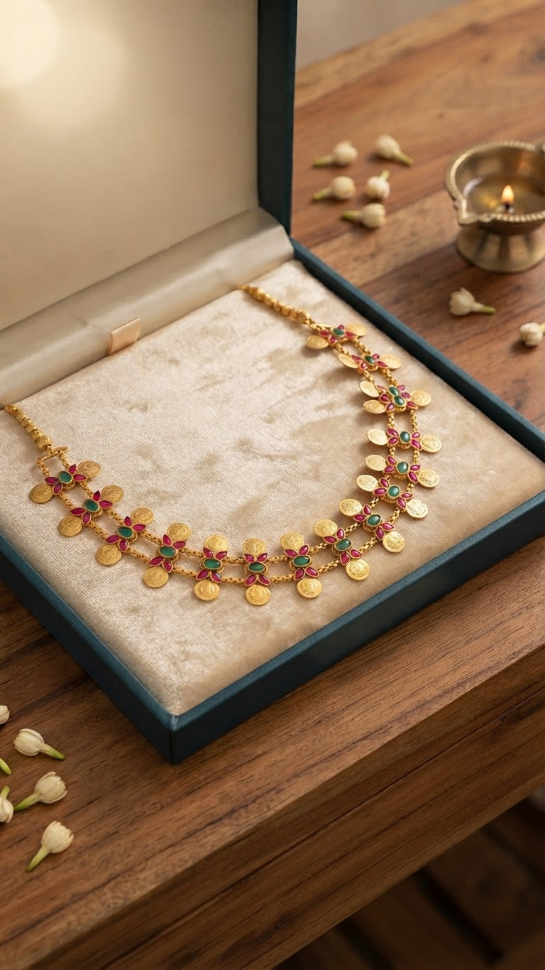 Traditional Matte Gold Lakshmi Coin & Emerald Stone Choker Set