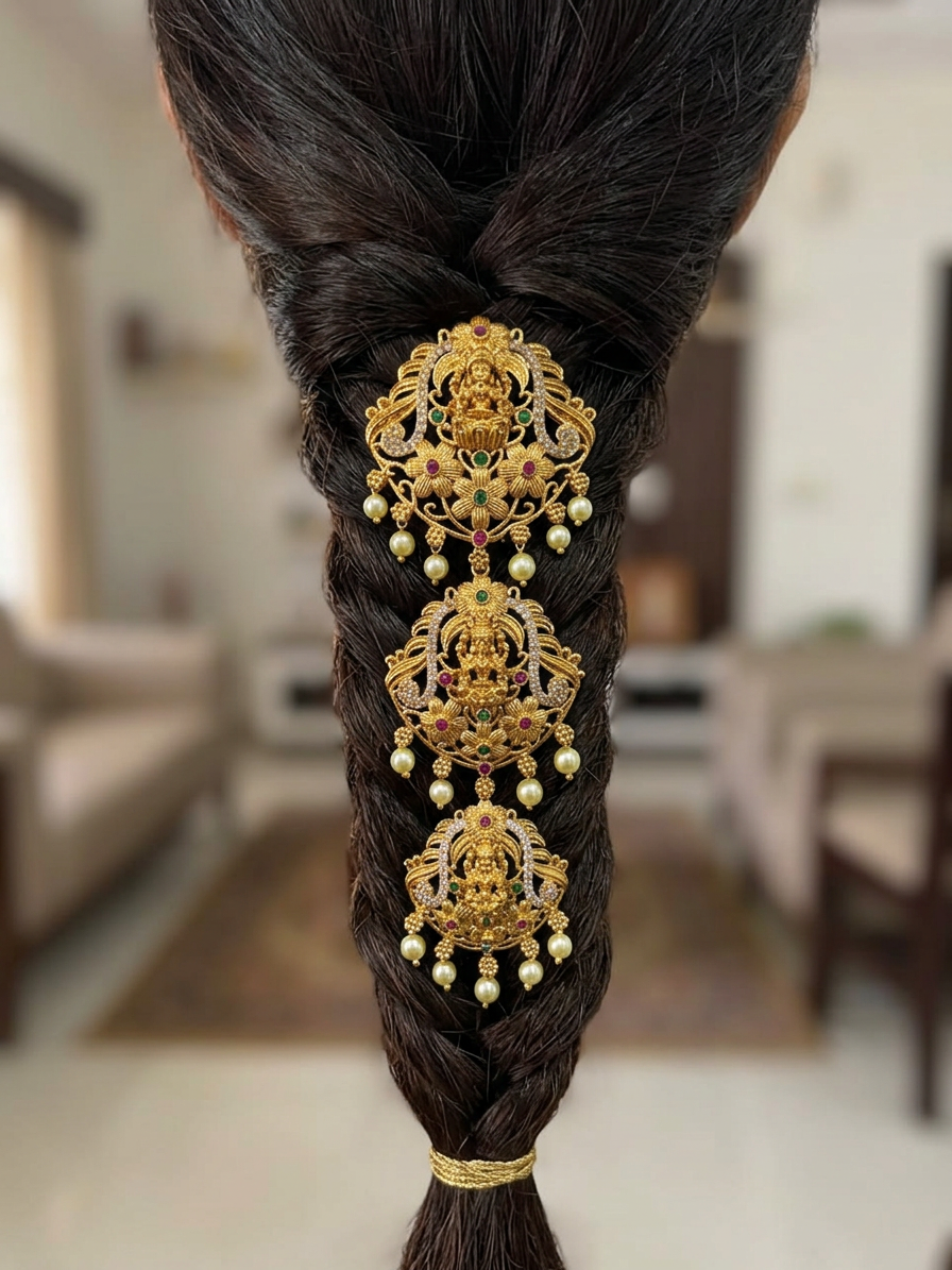 Antique Gold Lakshmi Multi-Tiered Hair Accessory (Jada Billa)
