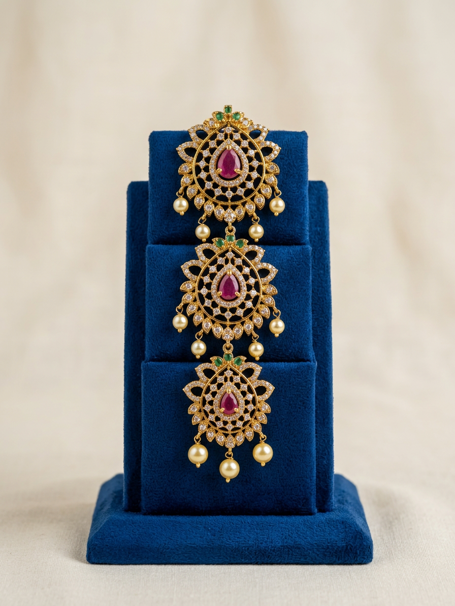 Gold Teardrop Ruby & CZ Three-Tiered Jada Billa