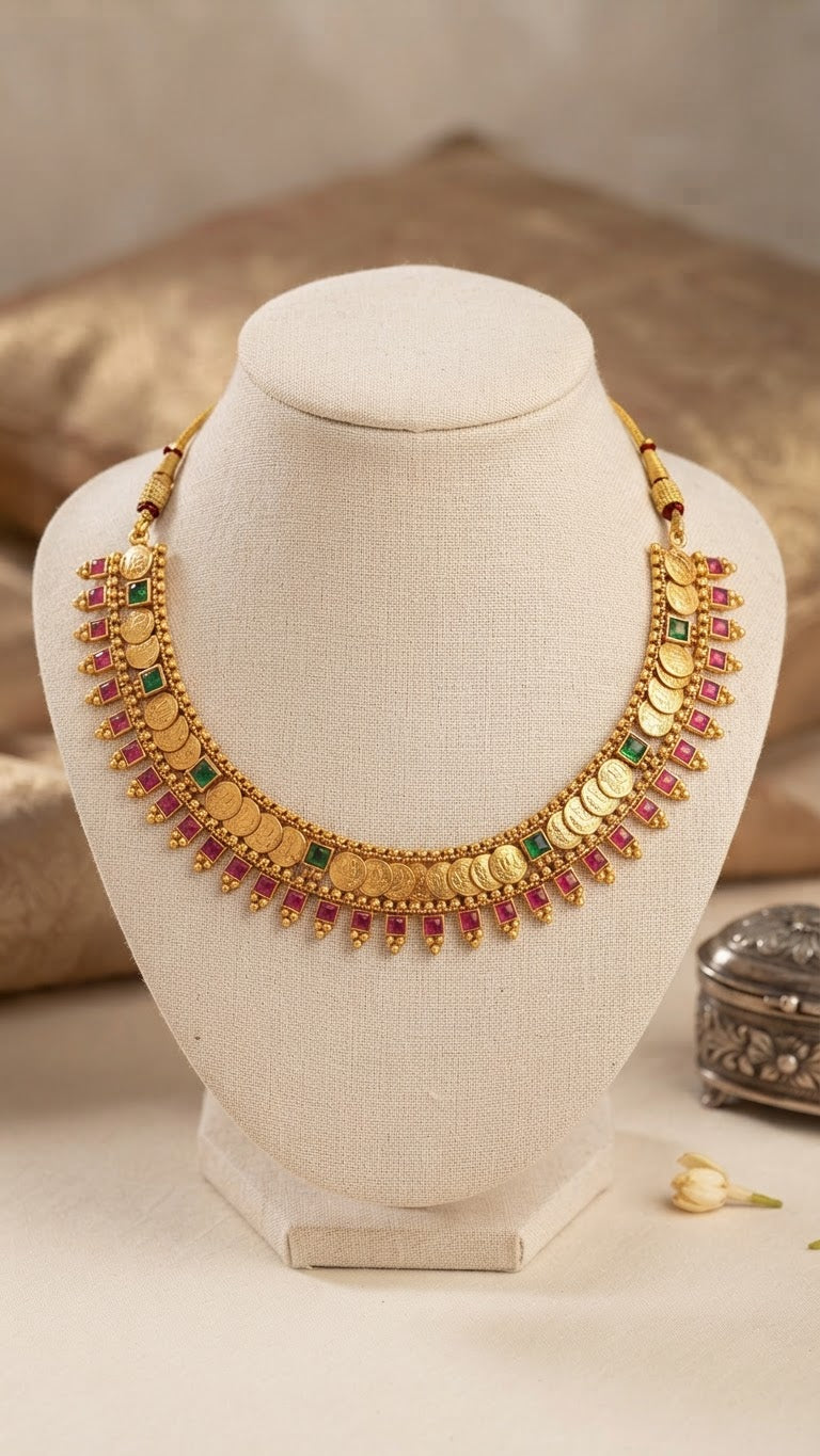 Traditional Antique Gold Kasu & Square Kemp Drop Choker Set