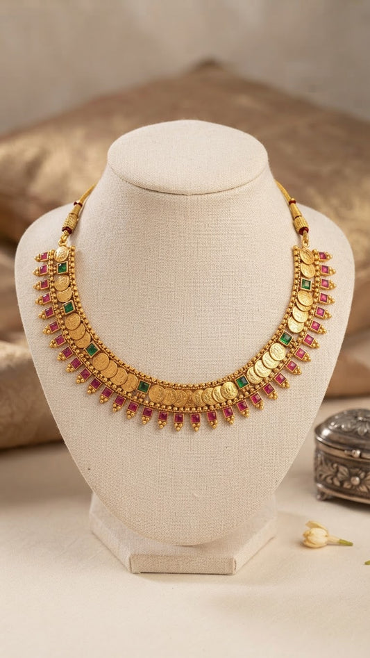 Traditional Antique Gold Kasu & Square Kemp Drop Choker Set