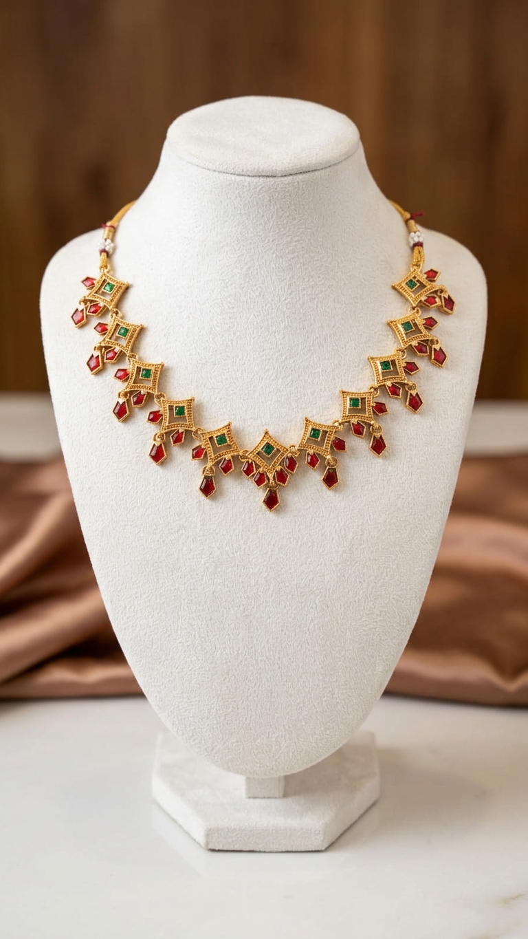 Contemporary Matte Gold Geometric Ruby & Emerald Choker Set
