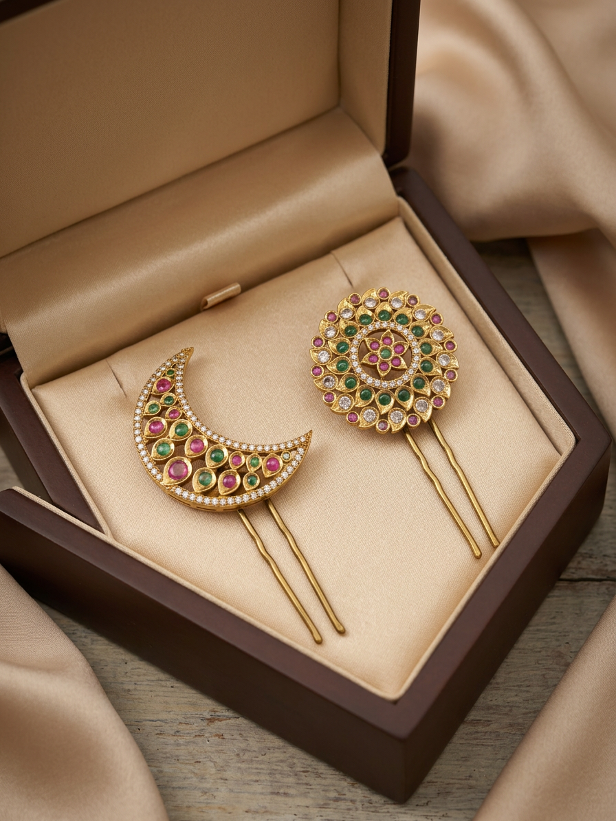Gold Ruby, Emerald & CZ Openwork Surya Chandra Pirai