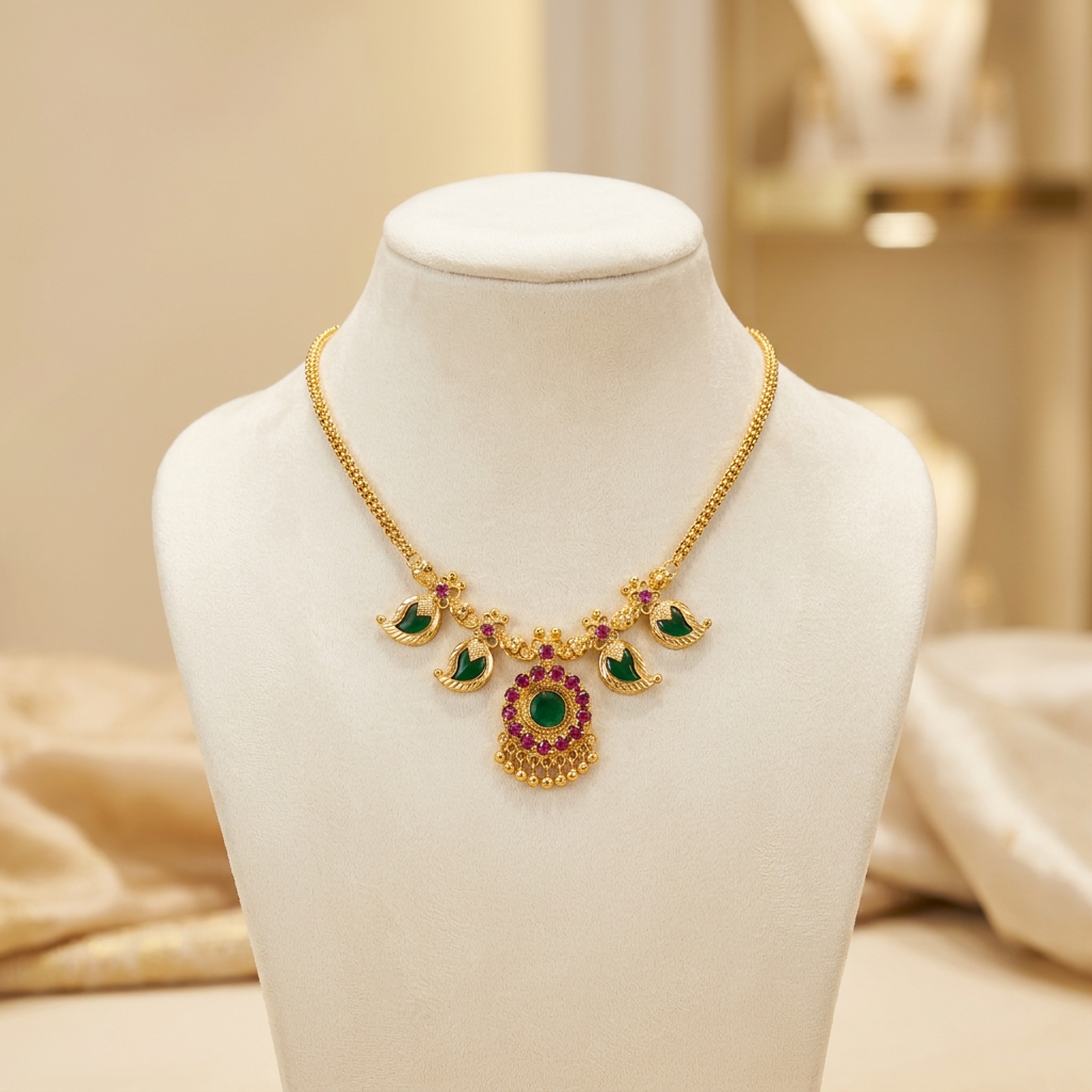 Traditional Palakka Motif Gold Necklace with Ruby and Emerald Accents