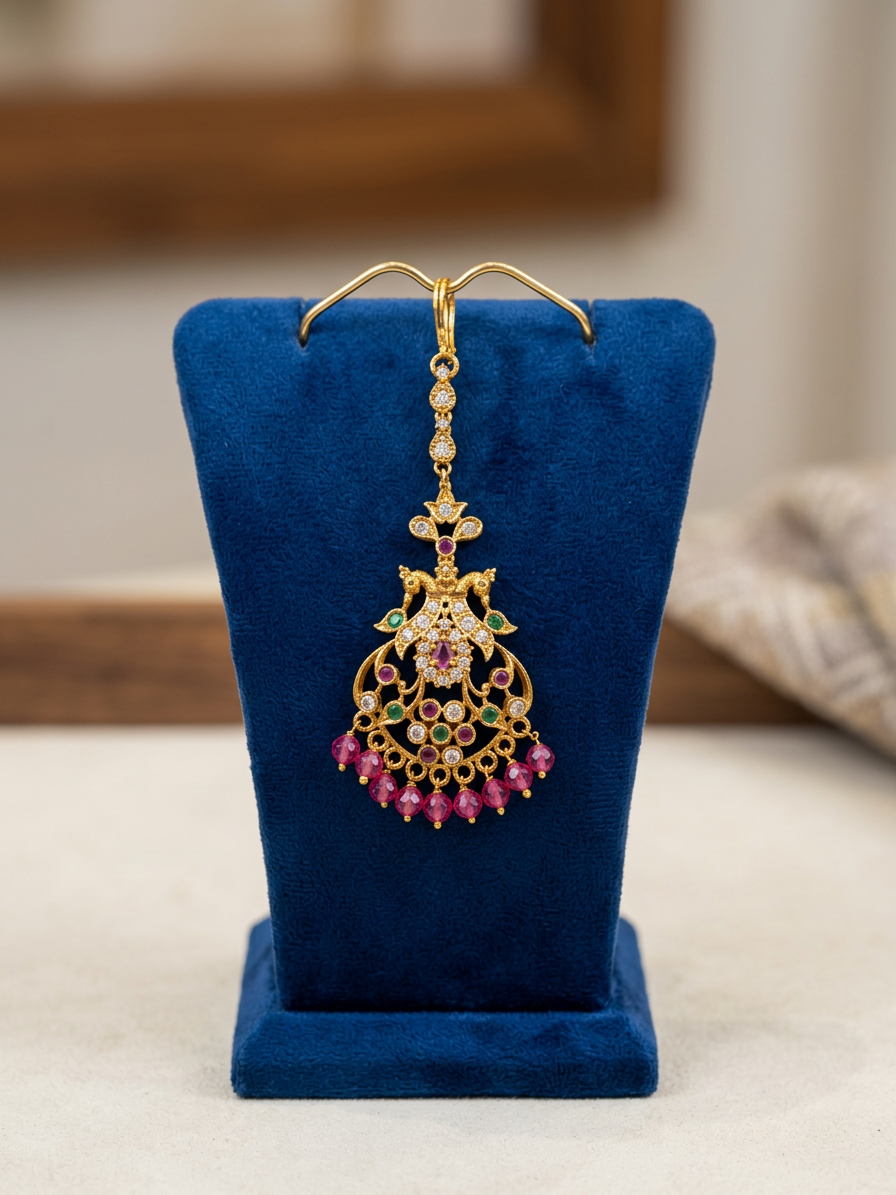 Classic CZ & Gemstone Peacock Maang Tikka