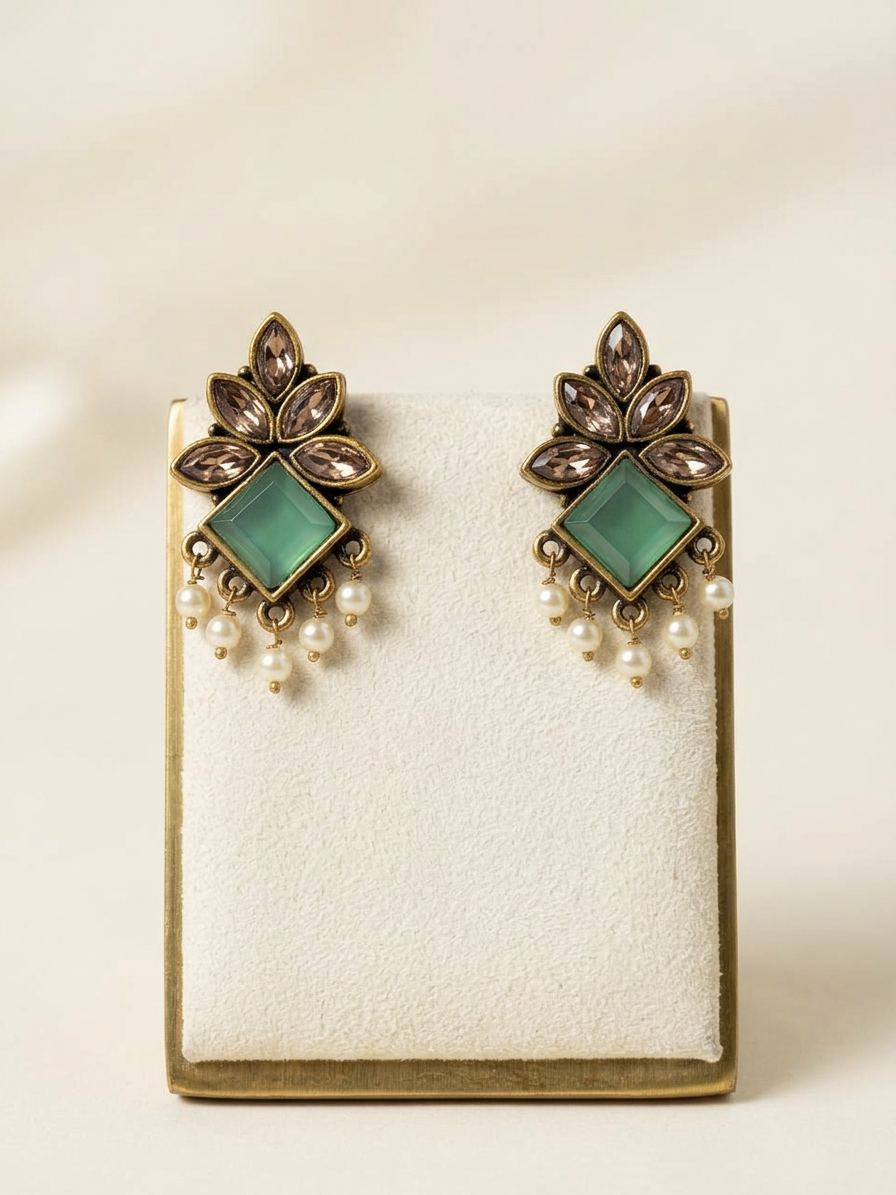 Geometric Diamond Stone & Pearl Antique Stud Earrings