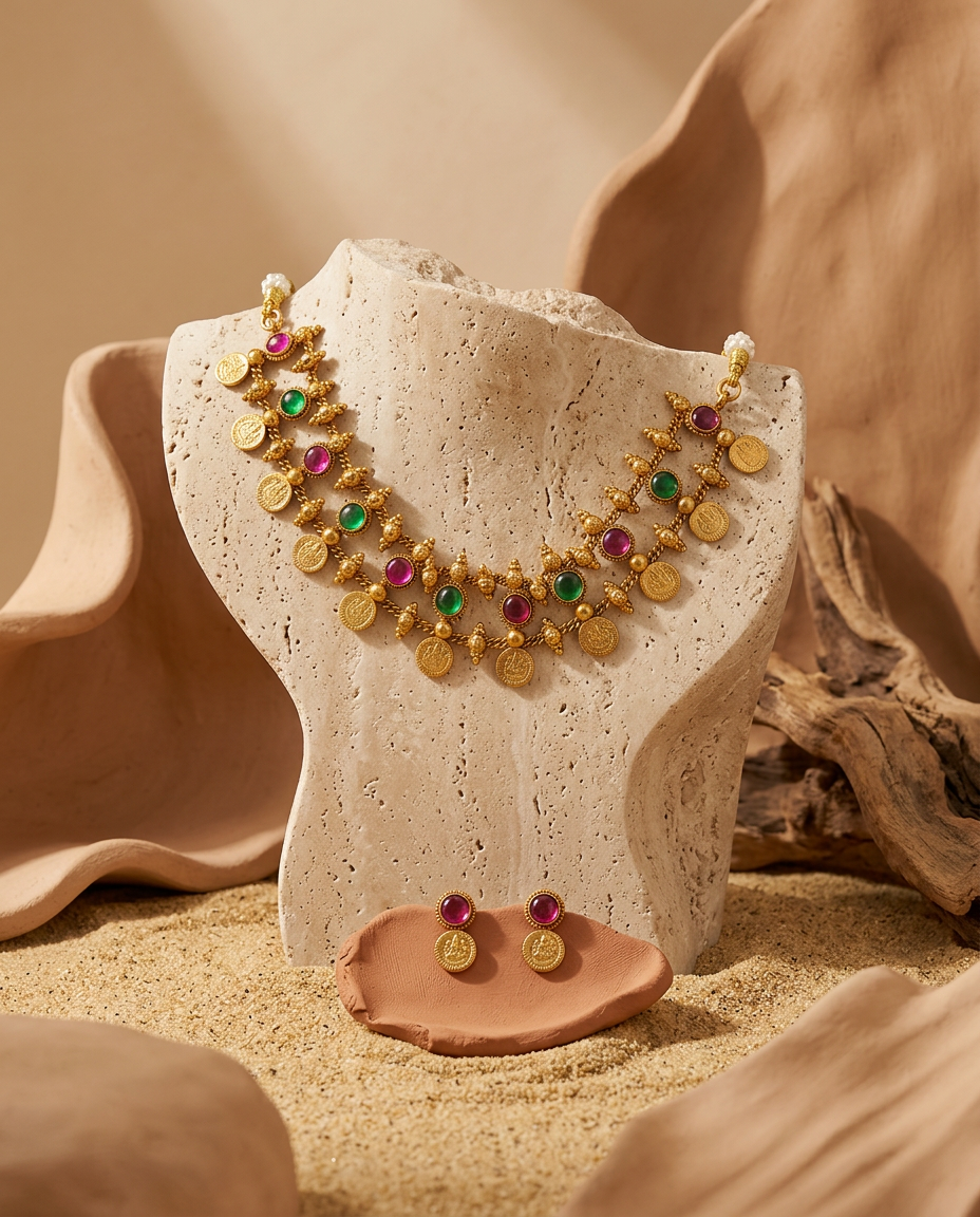 Double-Layered Ruby Emerald & Lakshmi Coin Necklace Set