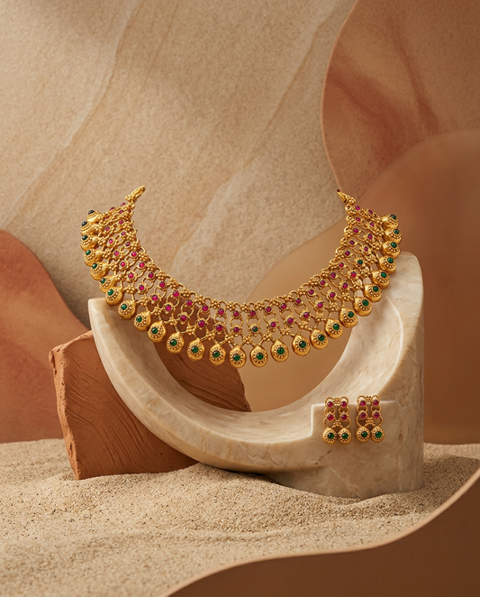 Traditional Gold Ruby & Emerald Lattice Choker Set