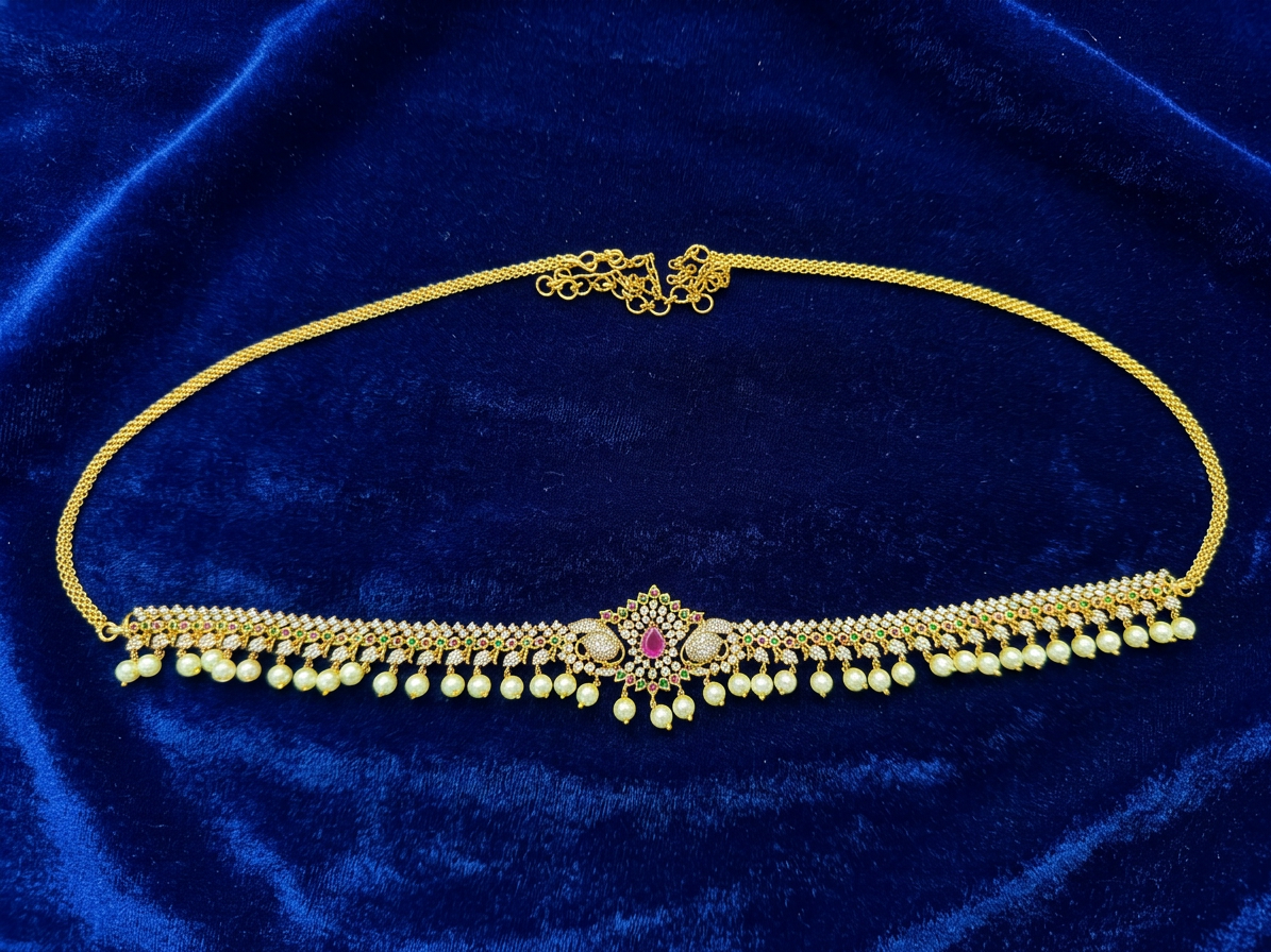 Radiant CZ & Pearl South Indian Bridal Vaddanam (Waist Belt)