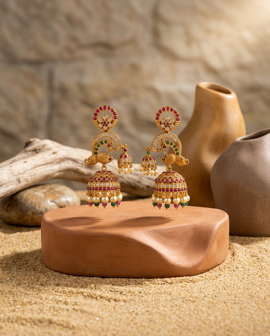 Antique Gold Peacock Double Jhumka Earrings