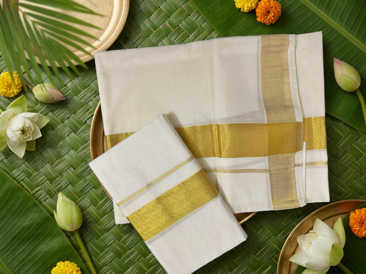 Pure Cotton Classic Kerala Set Mundu with Shimmering Golden Kasavu