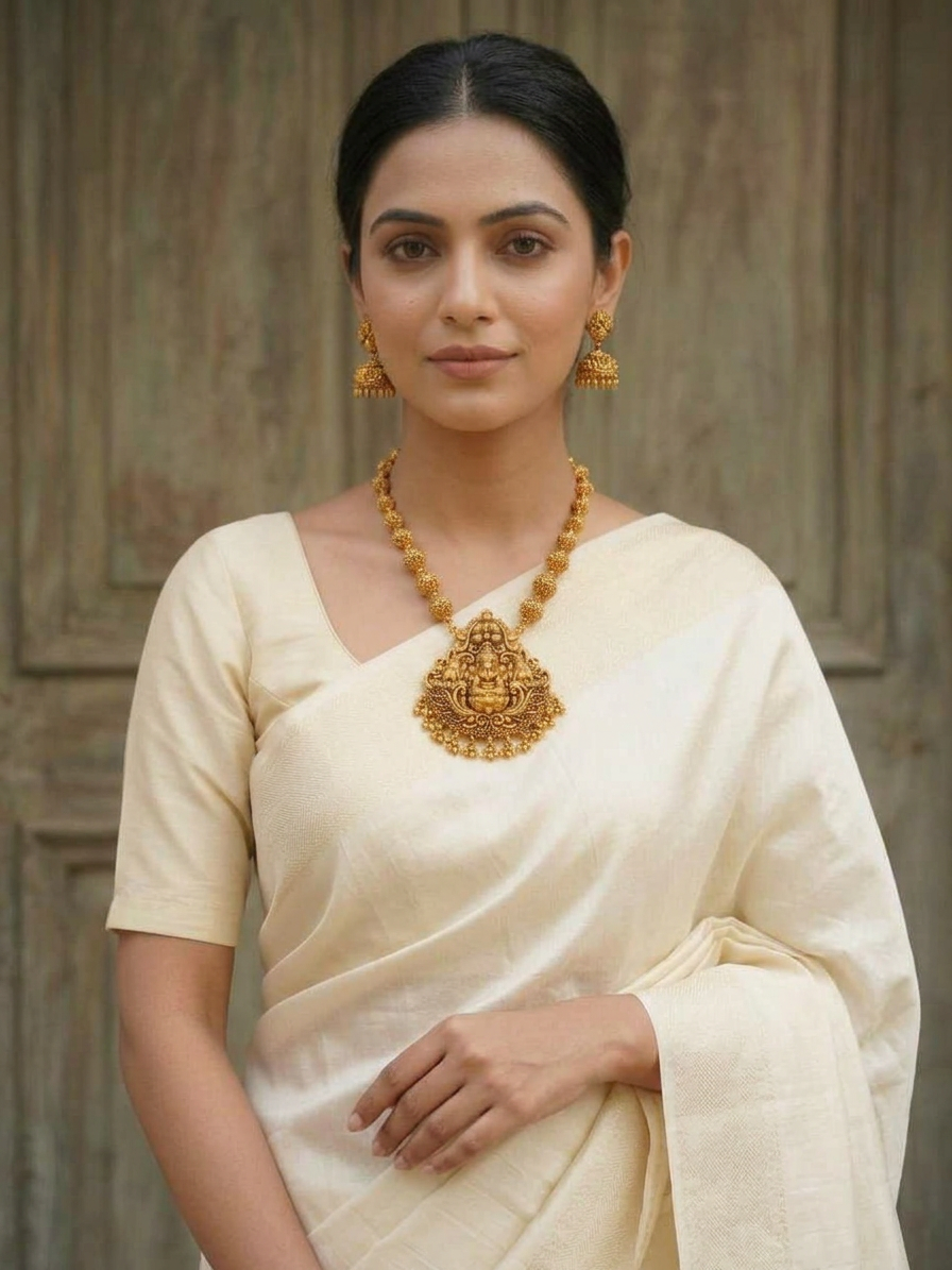 Antique Gold Lakshmi Pendant Beaded Necklace & Jhumka Set