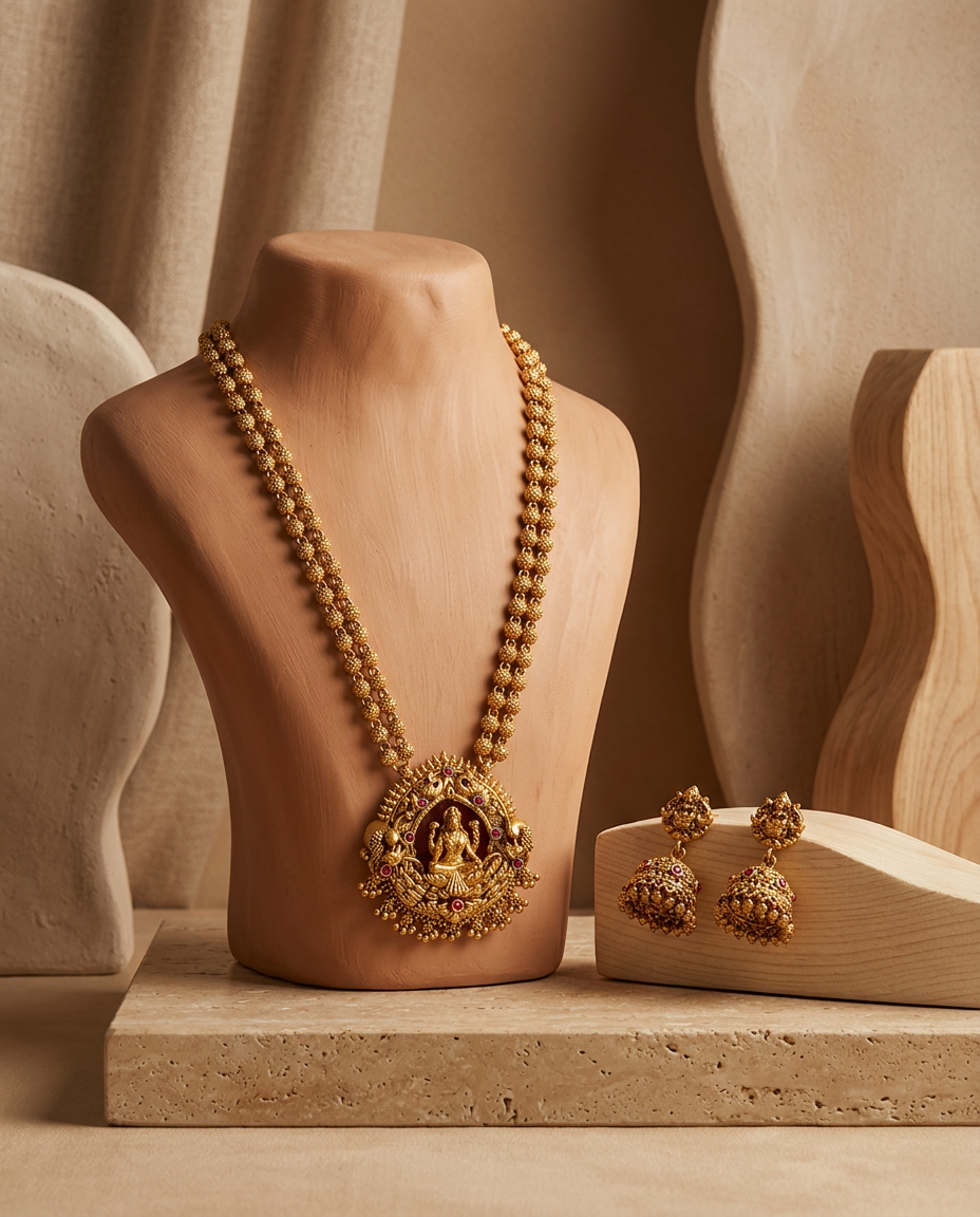 Antique Gold Dual-Strand Lakshmi Pendant Haram & Jhumka Set