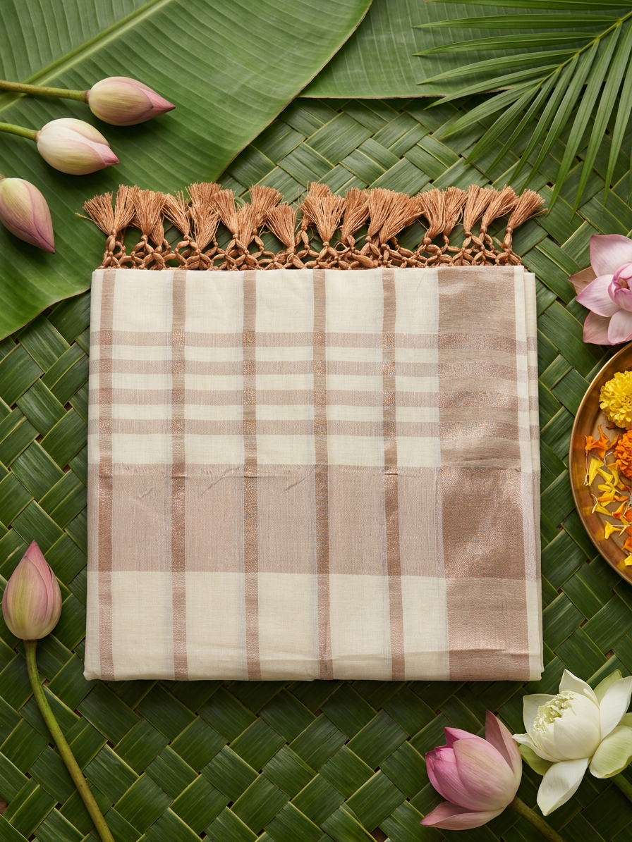 Kaira Rose Gold & Ivory Striped Tissue Saree with Macrame Tassels
