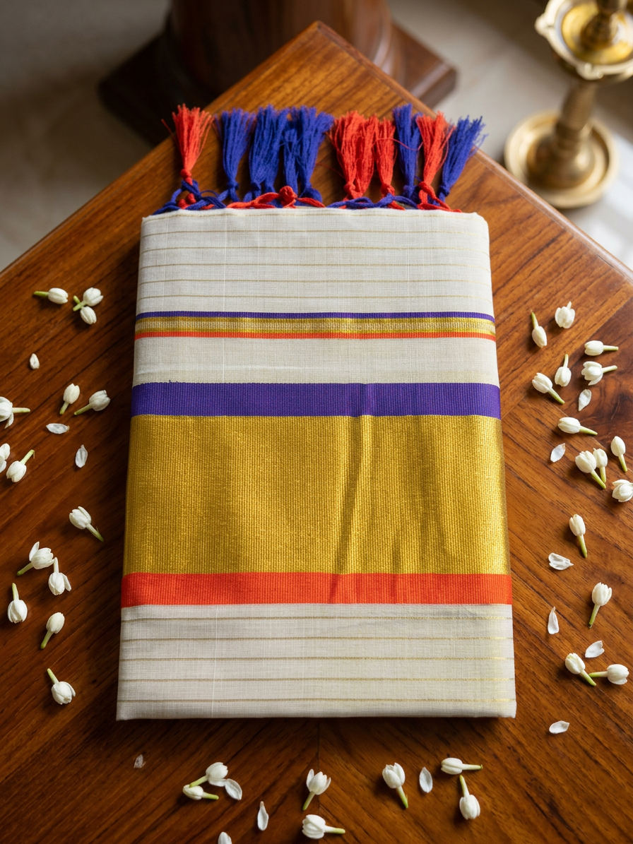Vibrant Stripe Kasavu Saree with Hand-Knotted Tassels and Temple Border - Tissue Cotton