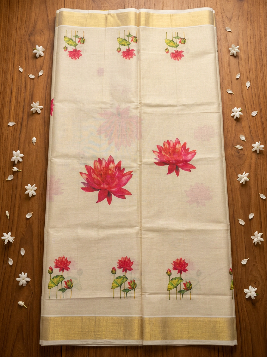 Sacred Lotus Garden Kerala Kasavu Tissue Cotton Saree with Printed Blouse Material