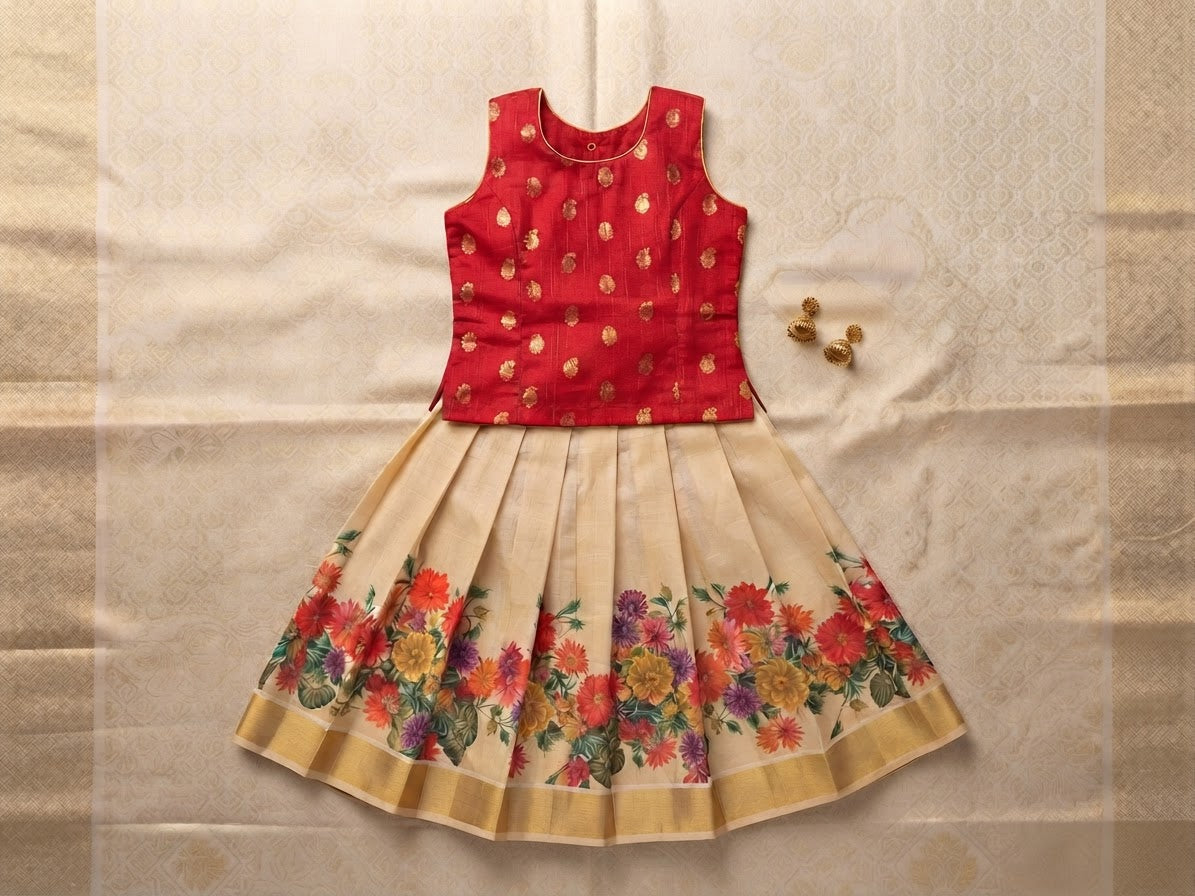 Kerala Blossom Pattu Pavada Set