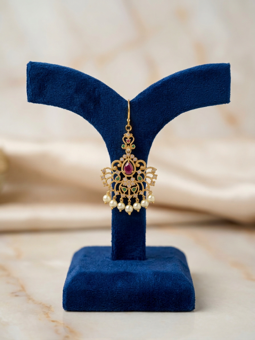 Intricate Filigree CZ & Pearl Bridal Maang Tikka