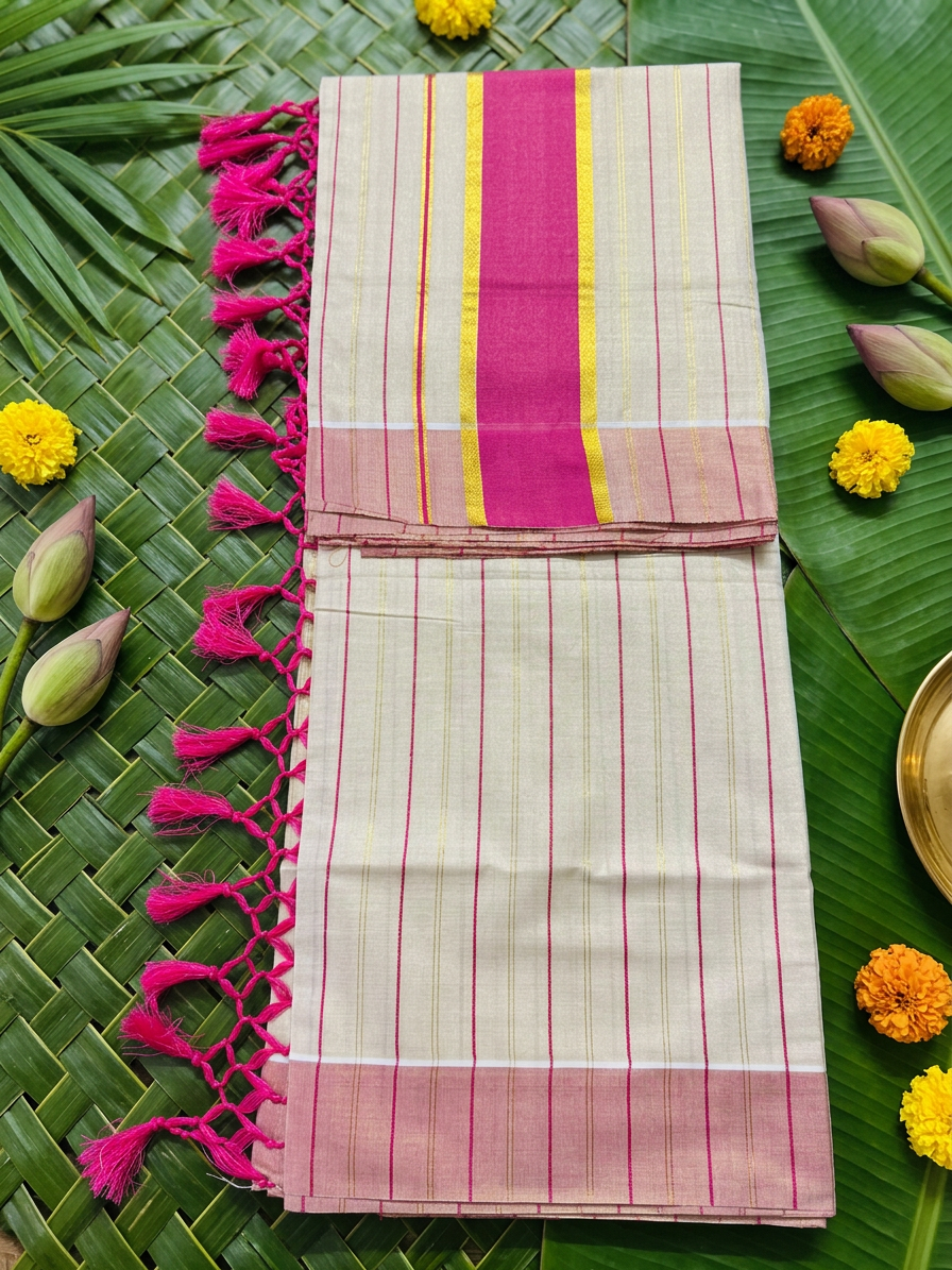 Nithya Rani Pink Striped Tissue Saree with Bold Zari Border & Tassels