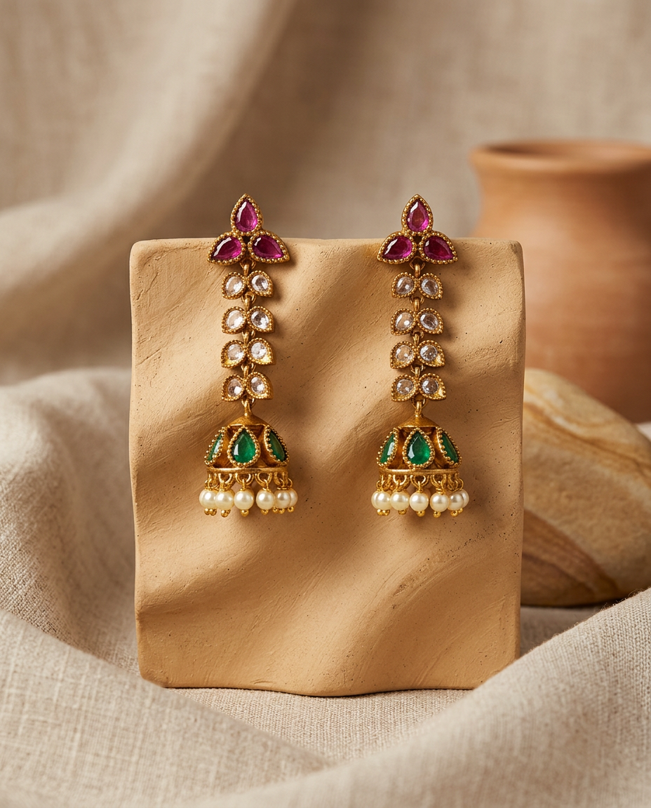 Antique Gold Ruby & Emerald Long Chain Jhumka Earrings