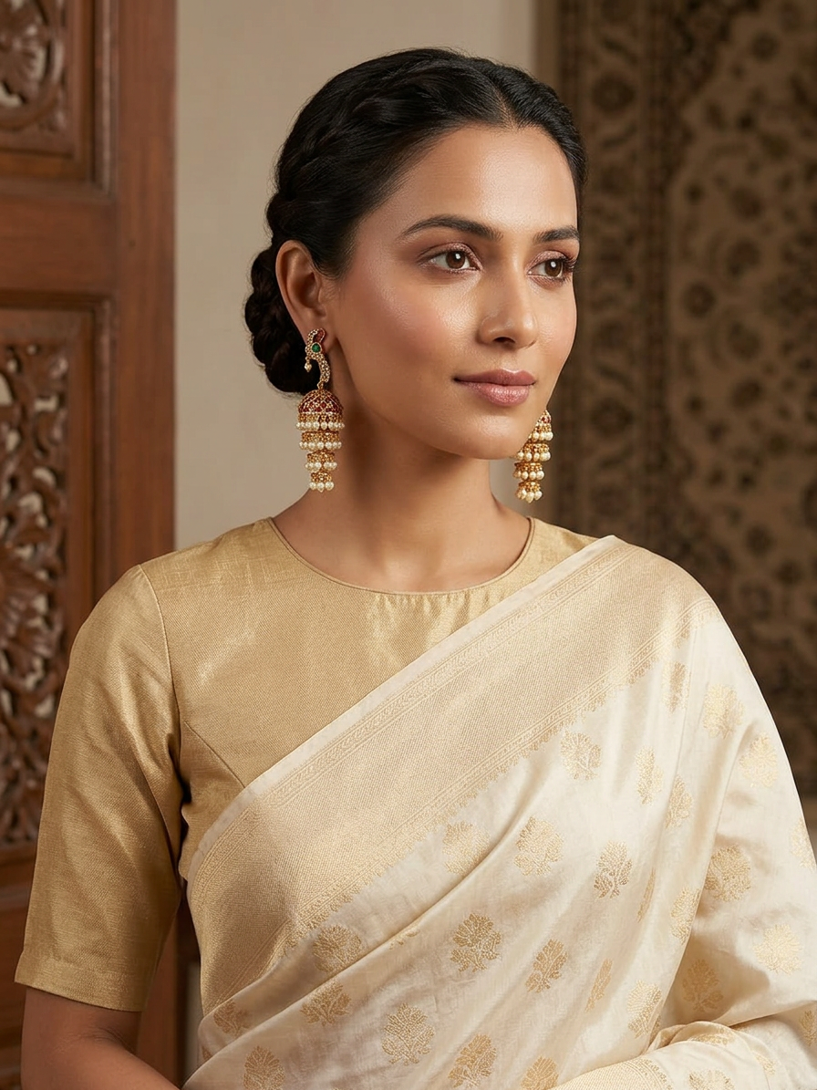 Antique Gold Peacock Multi-Tiered Ruby Jhumka Earrings