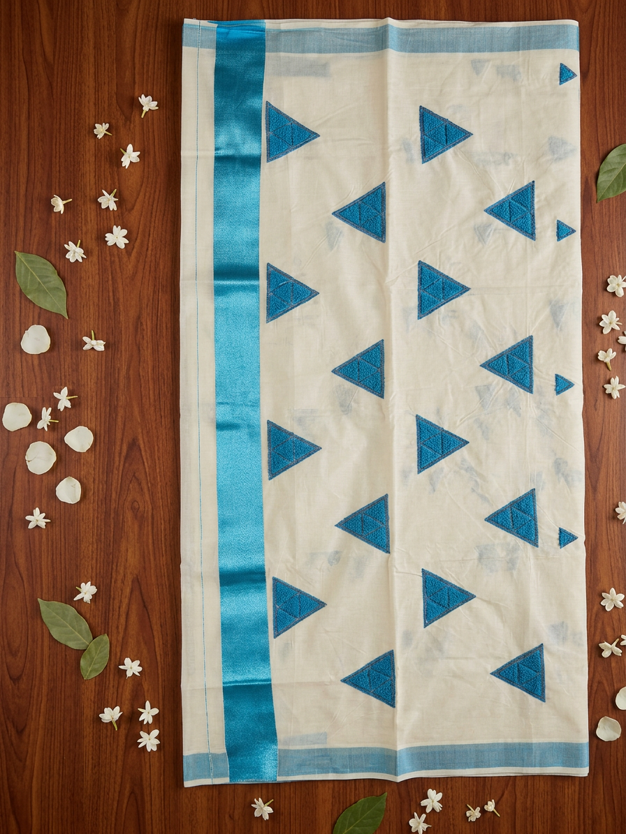 Azure Prism Textured Motif Kerala Cotton Saree