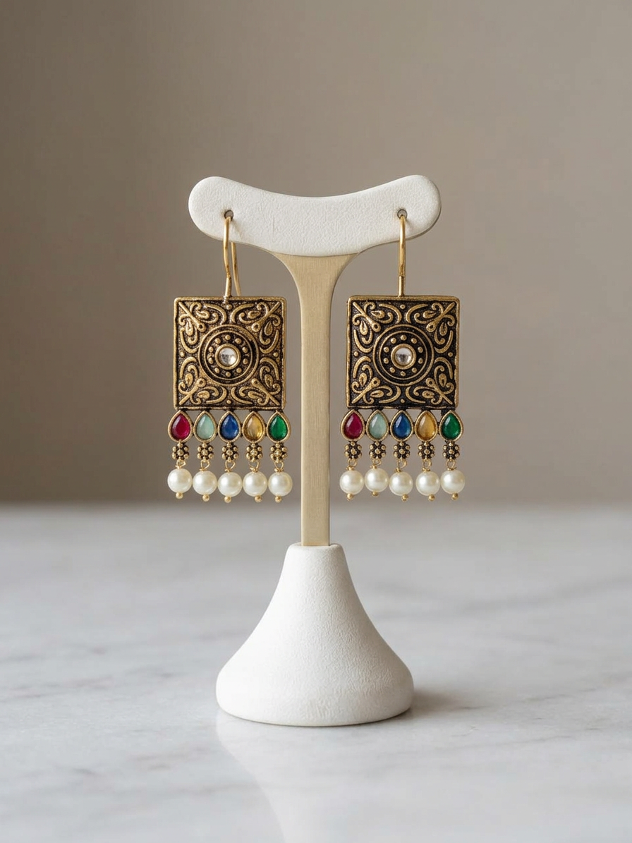 Square Carved Antique Stone & Pearl Wire Earrings