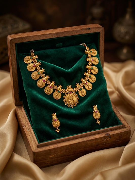Antique Gold Lakshmi Kasu Mala & Earring Set