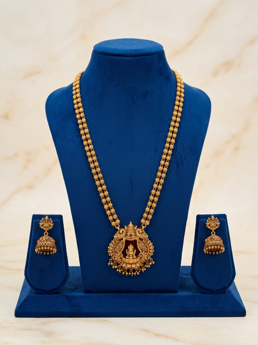 Antique Gold Double-Strand Lakshmi Haram & Jhumka Set