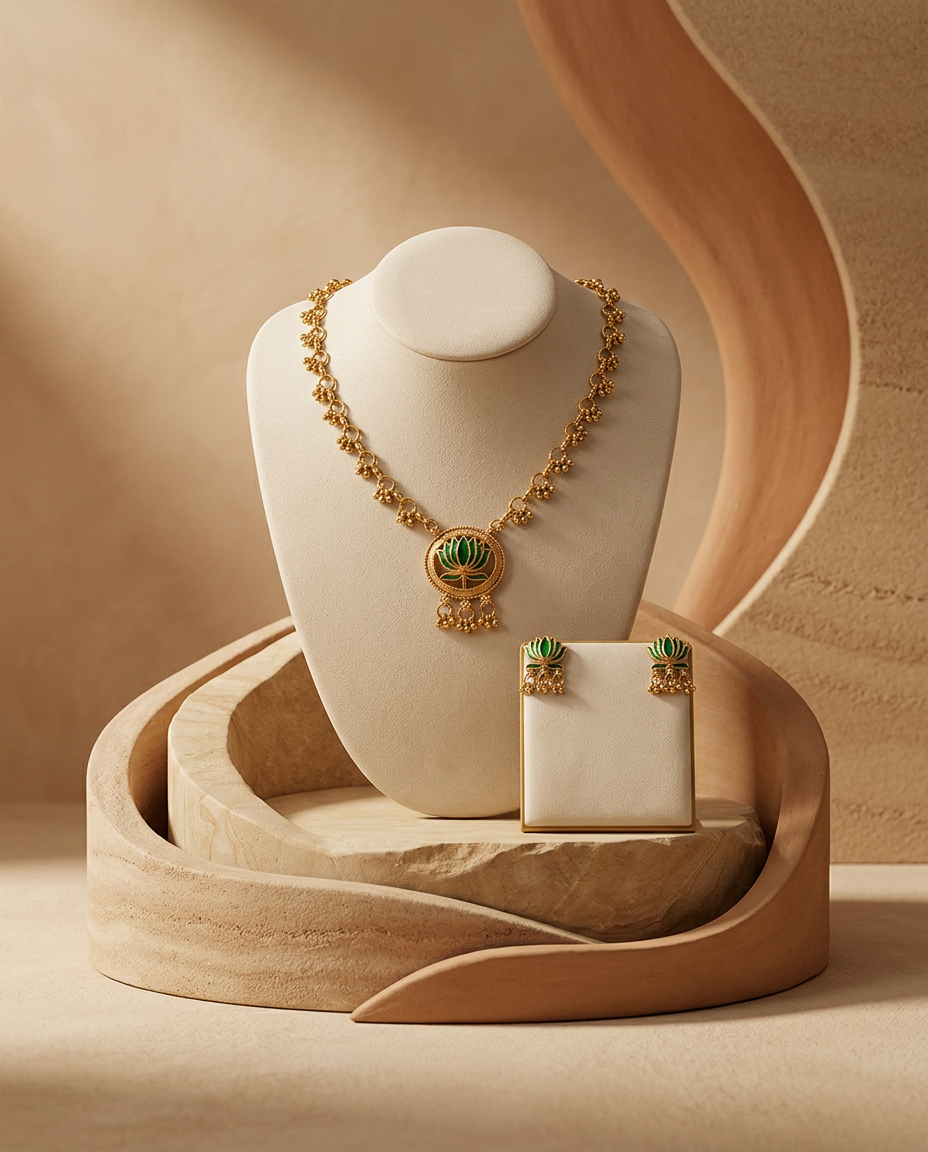 Elegant Gold Enamel Lotus Motif Necklace Set
