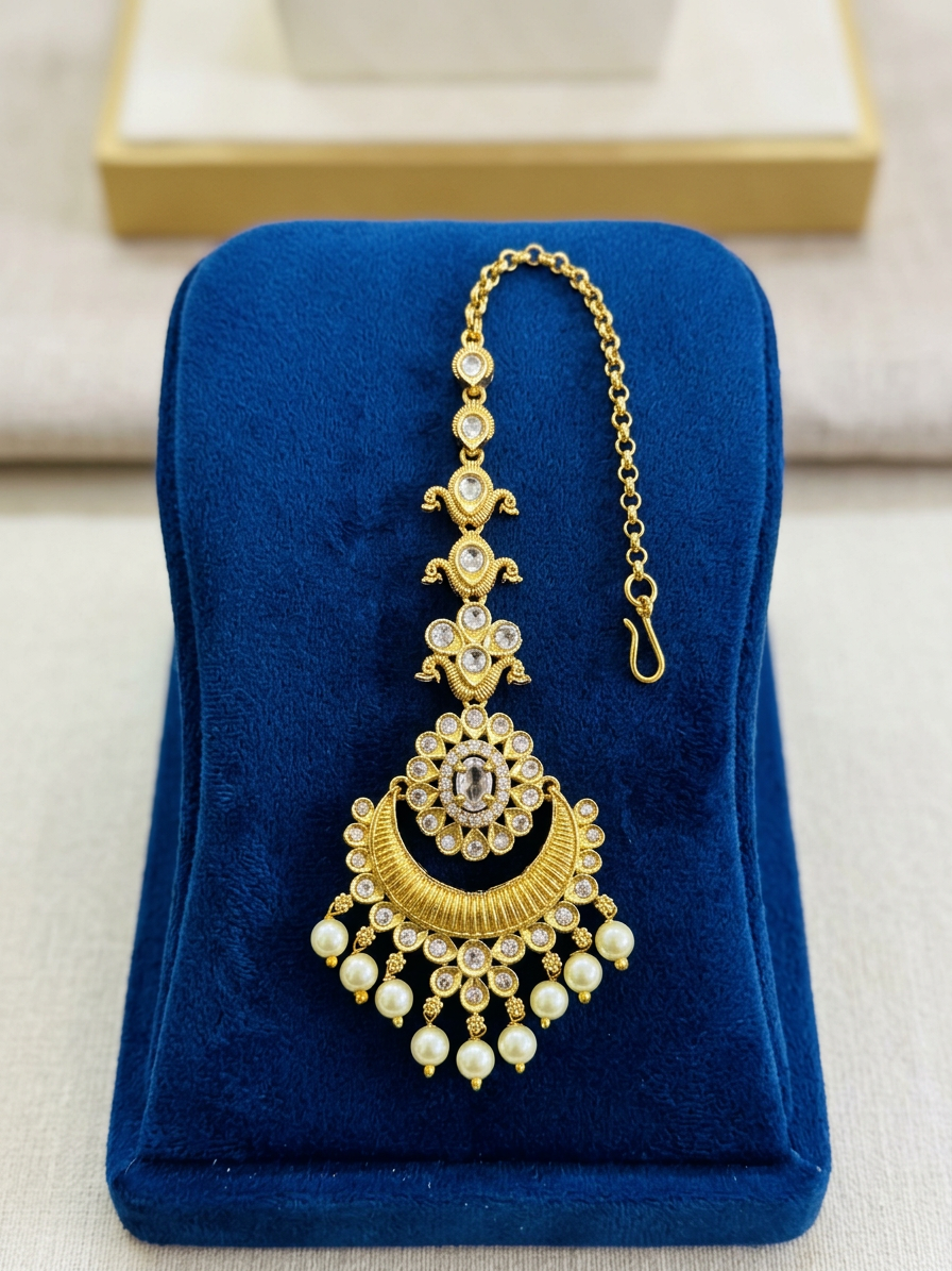 Textured Crescent CZ Maang Tikka with Pearl Drops
