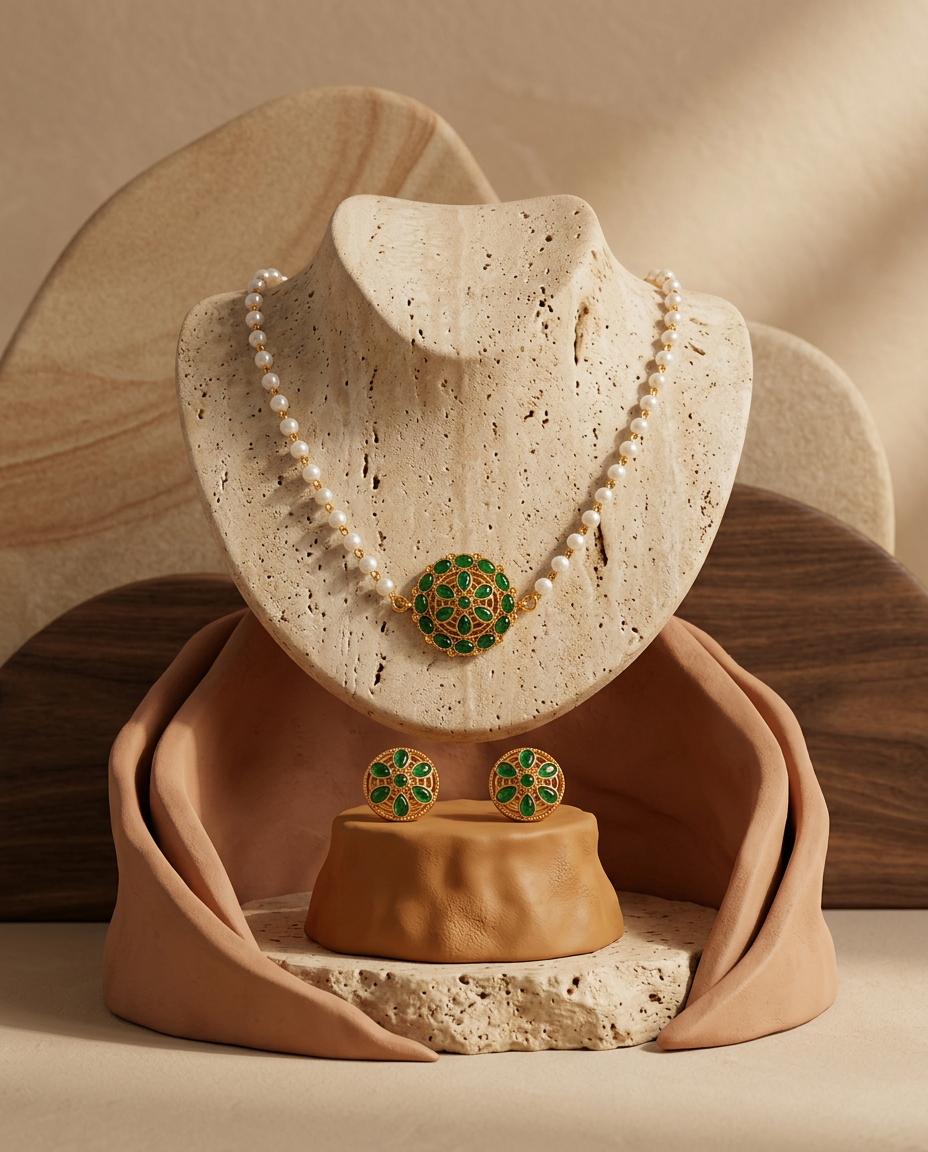 Pearl String & Ruby Emerald Lakshmi Medallion Necklace Set