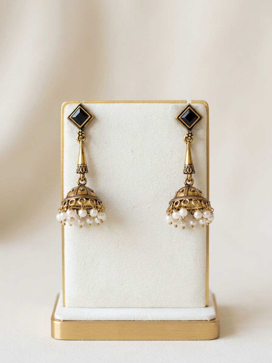 Rhombus Stone Antique Gold Pearl Jhumka Earrings