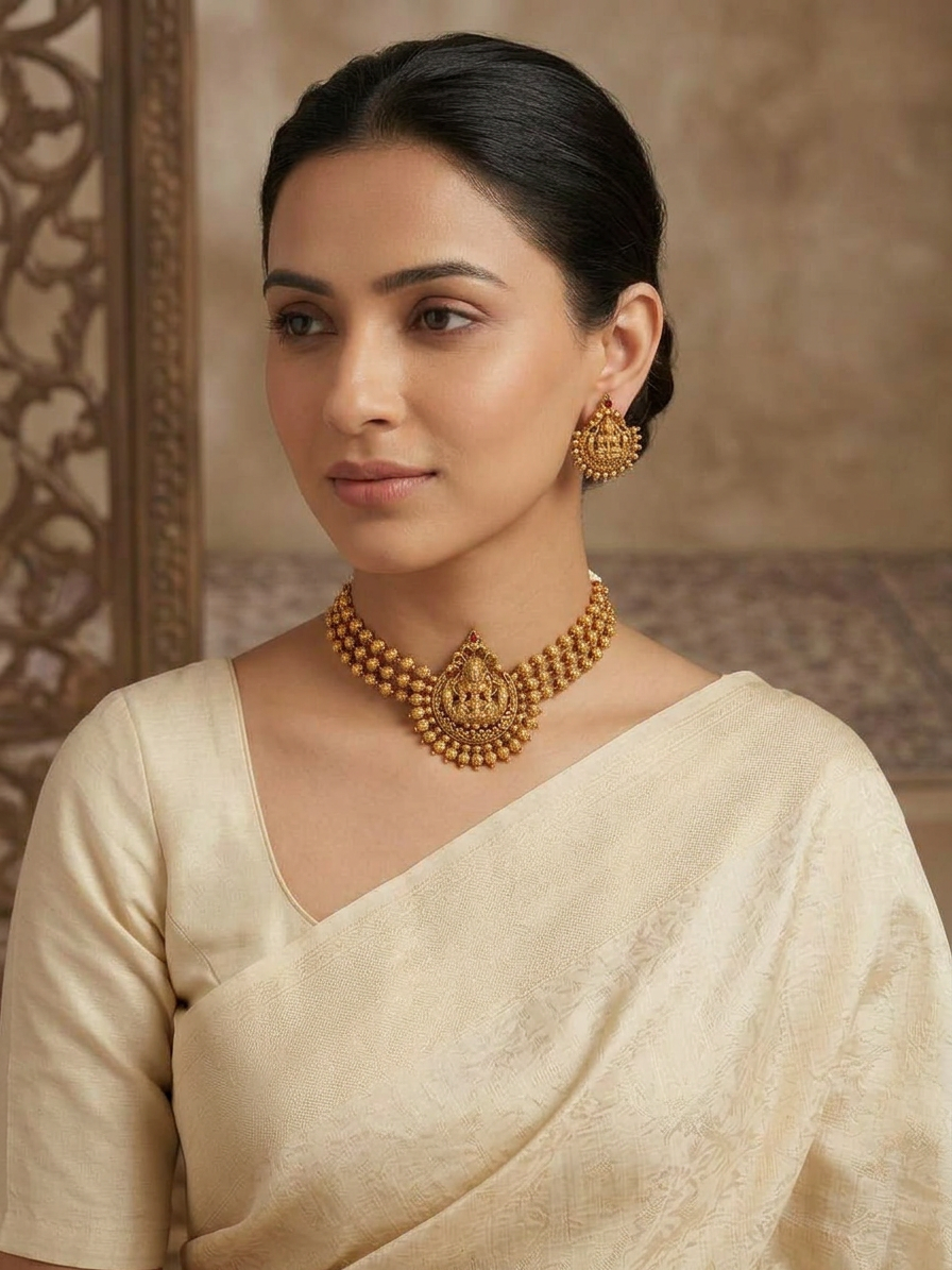 Triple-Strand Gold Beaded Lakshmi Choker Set