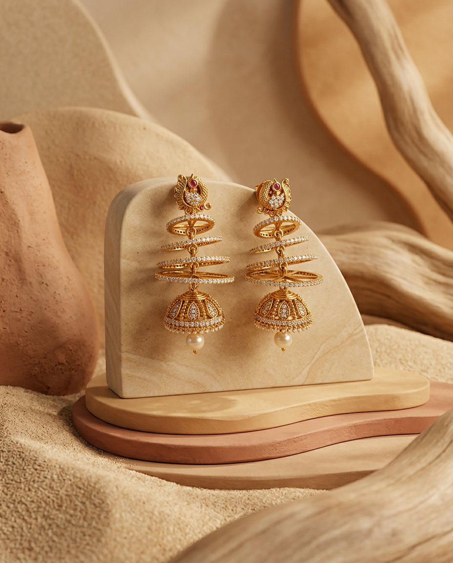 Gold CZ Peacock Spiral Hoop Jhumka Earrings