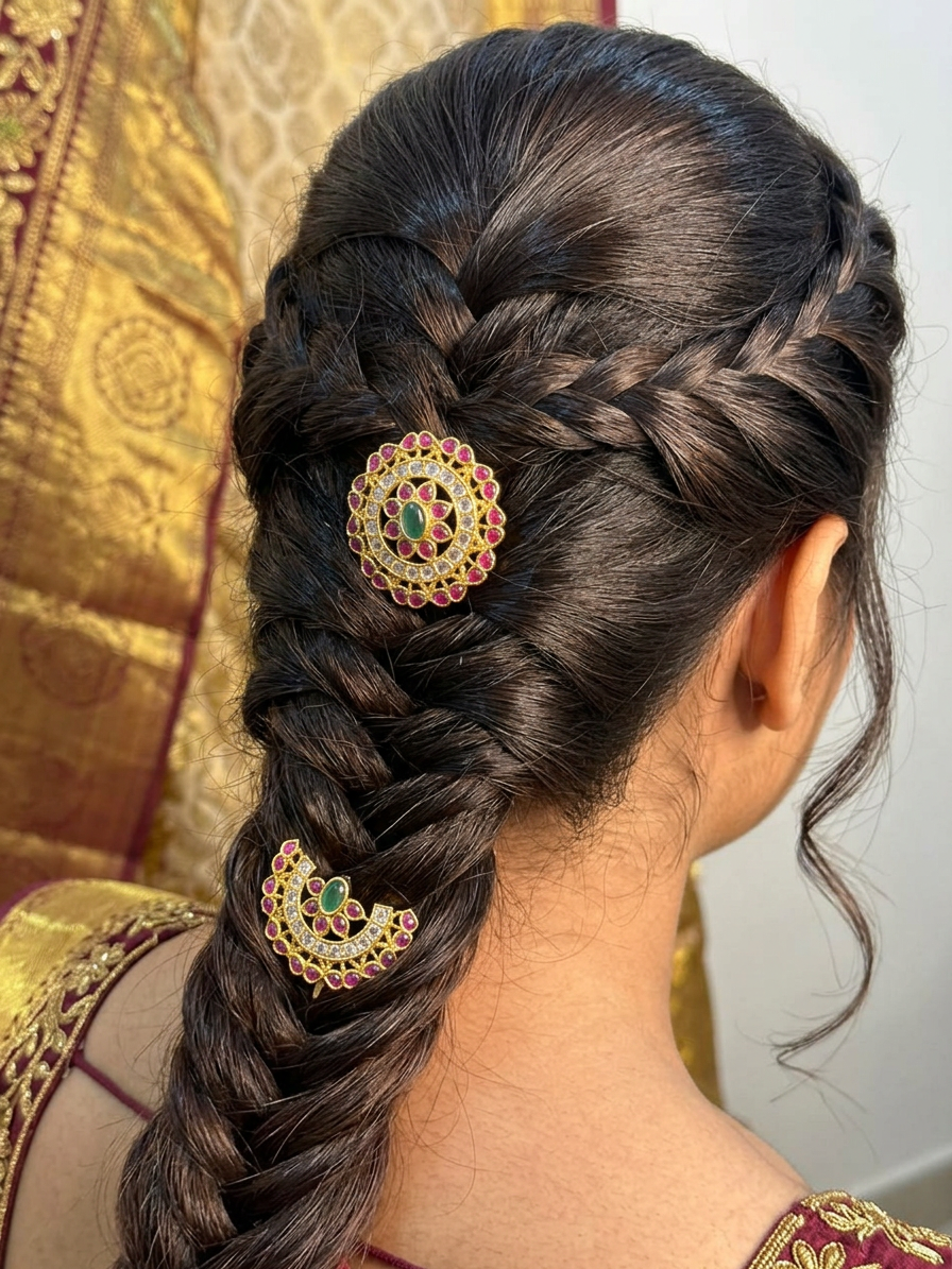 Gold Ruby & CZ Floral Surya Chandra Pirai Hair Accessories