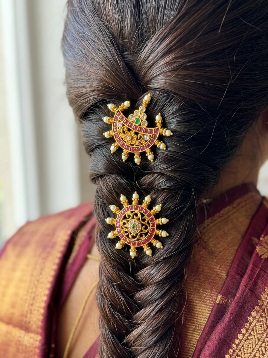 Antique Gold Filigree Jadayu Kundan Ruby & Pearl Surya Chandra Pirai