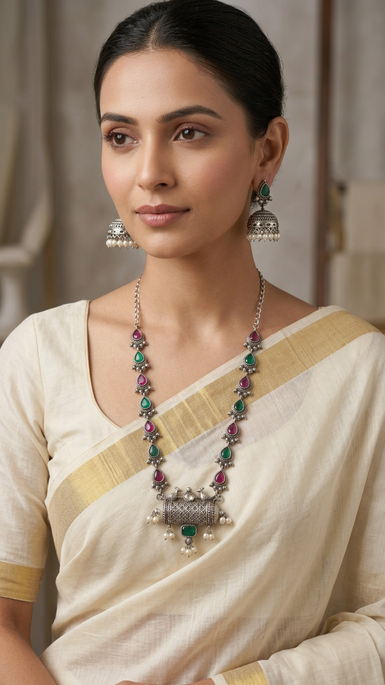 Oxidized Silver Peacock Cylinder & Kemp Stone Haaram Set
