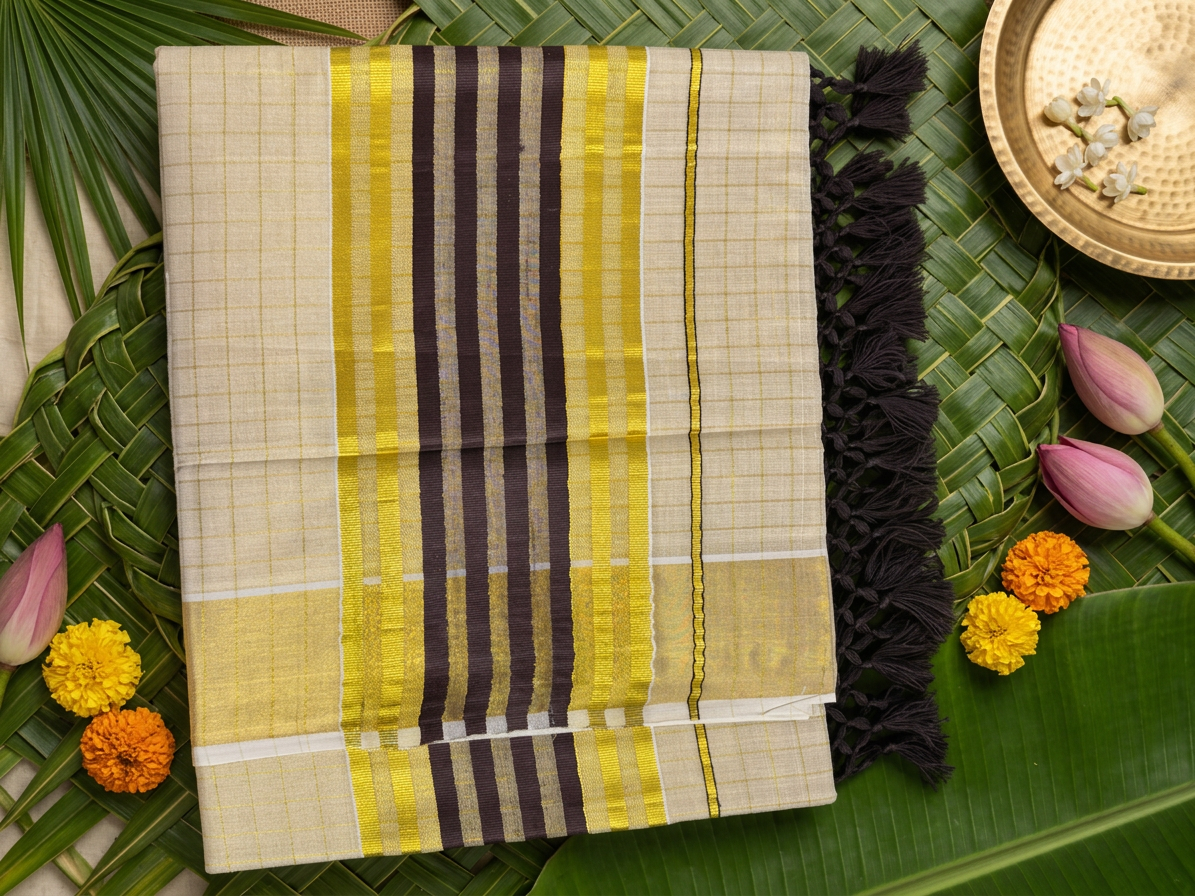 Devika Golden Check Tissue Saree with Bold Mocha & Gold Border